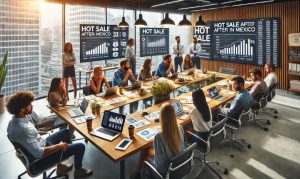 Imagen creada con IA que nos muestra a un equipo de una agencia de marketing reunido en una sala de juntas para discutir los desafíos del Hot Sale 2024.