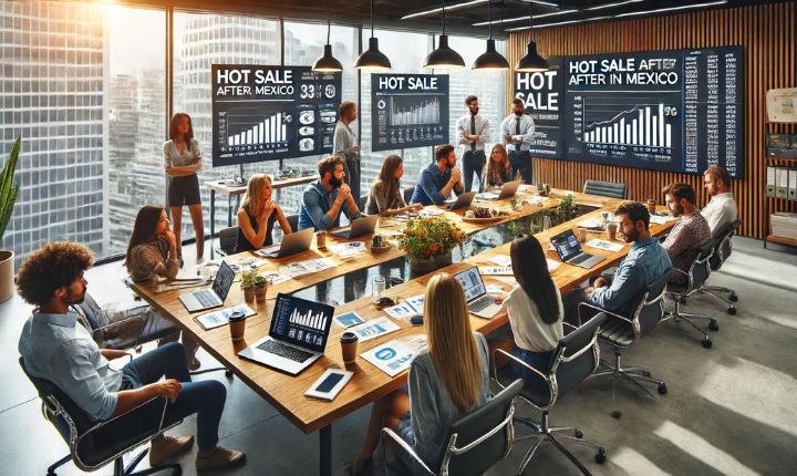 Imagen creada con IA que nos muestra a un equipo de una agencia de marketing reunido en una sala de juntas para discutir los desafíos del Hot Sale 2024.