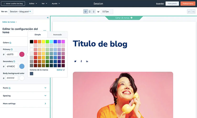 Captura de pantalla del CMS de Hubspot