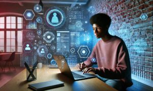 Imagen creada con IA que nos muestra a un chico navegando el internet desde su laptop, acompañado de hologramas e íconos que aluden a su identidad virtual.