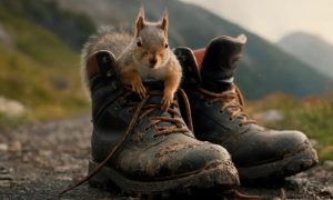 Obra generada con Imagen 3 bajo el prompt (en inglés) "un par de botas de montaña muy gastadas, cubiertas de barro y descansando sobre un sendero rocoso. De una de las botas asoma la cabeza de una ardilla que mira perezosamente a la cámara, un pequeño rey de su zapato. Los cordones de ambas botas caen flojos al suelo. Hay un paisaje montañoso al fondo. Fotografía cinematográfica, fotografía DSLR de alta calidad".