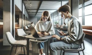 Imagen creada con IA que nos muestra a dos internautas mexicanos, una chica y un chico, sentados en una mesa y navegando internet desde sus dispositivos, un celular y una laptop respectivamente.