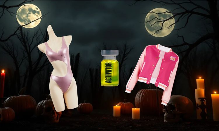 Imagen creada con IA en un ambiente tenebroso con objetos clásicos de Halloween (calabazas y calaveras), y sobrepuestas imágenes del disfraz de Sue, personaje de La Sustancia.