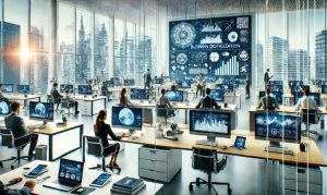 Imagen creada con IA que nos muestra una oficina en México con colaboradores utilizando nuevas tecnologías y herramientas para alcanzar mayor madurez digital.