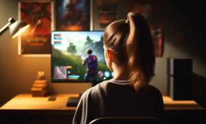 Imagen creada con IA de una toma escorzo de una chica gamer jugando la nueva experiencia de Mamá Lucha en Fortnite.