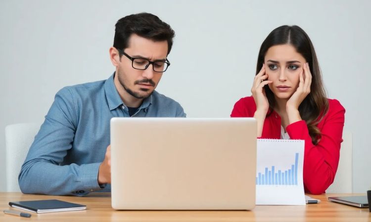 Imagen creada con IA que nos muestra a dos representantes de marcas en México sentados frente a una laptop, con expresiones de preocupación en el rostro al ver que sus audiencias no crecen.