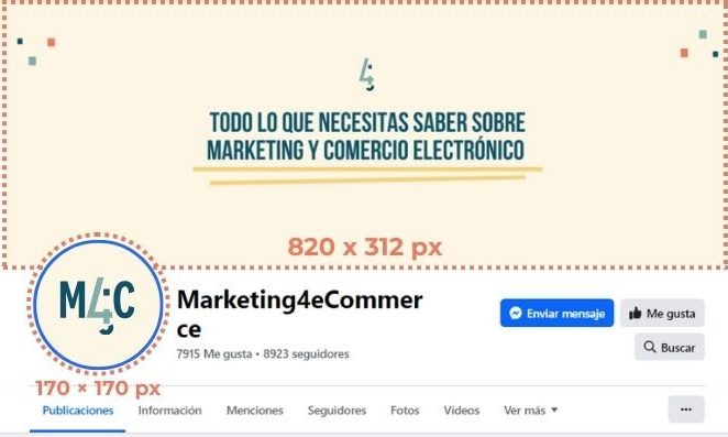 Captura de pantalla del perfil de M4C en Facebook. Alrededor de la imagen de portada (820x312 px) y de la imagen de perfil (170x170 px) aparecen unos marcos que señalan el tamaño de ambas.
