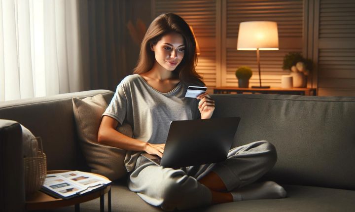 Imagen creada con IA que nos muestra a una chica haciendo compras online desde su laptop, mientras está sentada cómodamente en el sofá de su hogar; esto en referencia al avance de los medios de pago digital en México.