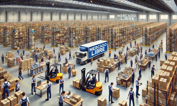 Imagen creada con IA que nos muestra la red de colaboradores de Mercado Libre en 2024 trabajando desde un almacén logístico.