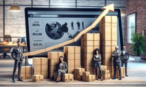 Imagen creada con IA en la que vemos a 4 personas paradas frente a unas pilas de cajas y un monitor gigante que hacen referencia al número de artículos vendidos en Mercado Libre en este 1T del 2024.