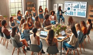 Imagen creada con IA que nos muestra a un grupo de mujeres emprendedoras capacitándose en eCommerce a través de la iniciativa de Mercado Libre y la Secretaría de Mujeres del EDOMEX.