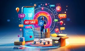 Imagen creada con IA en la que vemos a una silueta humana en un entorno con íconos digitales que hacen alusión al eCommerce; esto en referencia a la participación de Mercado Libre en este Hot Sale.