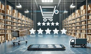 Imagen creada con IA que nos muestra un carrito de compras con 5 estrellas; en alusión a Mercado Libre como el eCommerce con mejor reputación en México.