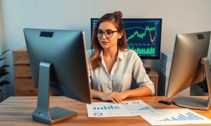 Imagen creada con IA que nos muestra a una emprendedora accediendo al programa de Mercado Shops Pro desde su computadora de escritorio.