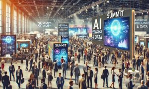 Imagen creada con IA que nos muestra el México Digital Summit 2024, con líderes de IA y data reunidos en un lugar con pantallas.