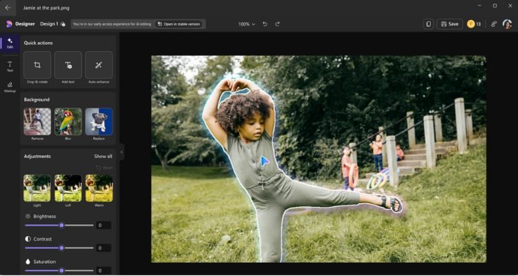 Vista del uso de Microsoft Designer en Microsoft Photos para editar imágenes con IA en la propia herramienta