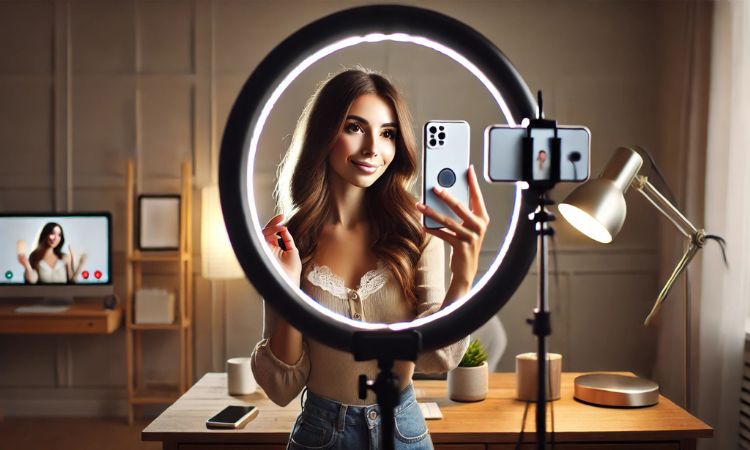 Imagen creada con IA que nos muestra a una chica influencer grabándose con un aro de luz para monetizar en TikTok.