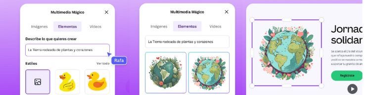 Capturas que muestran el funcionamiento de la nueva herramienta Multimedia Mágico de Canva