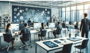 Imagen creada con IA que nos muestra a un equipo en una oficina, analizando datos y métricas de su solución fintech; esto en relación a la inversión de Nu en México.