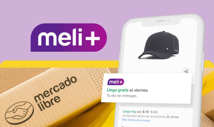 Captura de la landing page de Meli+, en la que observamos algunos de sus beneficios y un mockup de un celular con un producto de Mercado Libre en venta.