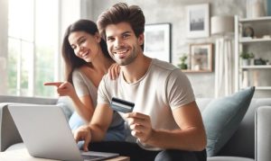 Imagen creada con IA que nos muestra a una pareja comprando online y aprovechando las ofertas del Hot Sale desde su laptop.