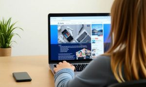 Imagen creada con IA que nos muestra a una chica navegando la web desde su laptop, ingresando a las páginas o sitios que generan más tráfico online en México.