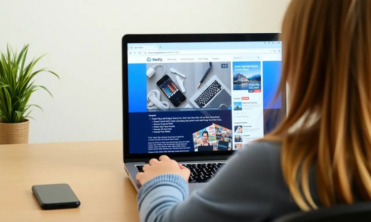 Imagen creada con IA que nos muestra a una chica navegando la web desde su laptop, ingresando a las páginas o sitios que generan más tráfico online en México.