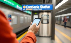 Imagen creada con IA que nos muestra a un usuario sosteniendo un smartphone para hacer pagos contactless en una estación de metro en México.