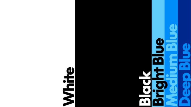 Imagen que muestra la paleta de colores de la nueva identidad de marca de PayPal. Está compuesta por: blanco, negro, azul brillante, azul medio y azul oscuro