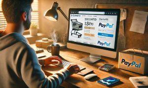 Imagen creada con IA que nos muestra a un chico comprando online desde su computadora, aprovechando los descuentos del PayPal Fest.