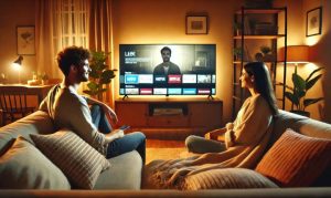 Imagen creada con IA que nos muestra a una pareja en una sala, navegando en su televisor las películas más vistas en streaming en México.