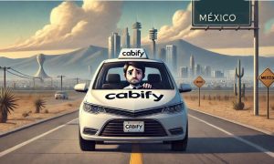 Imagen creada con IA que nos muestra a un conductor de Cabify dejando atrás la ciudad de México; en referencia a la salida de la empresa del país.