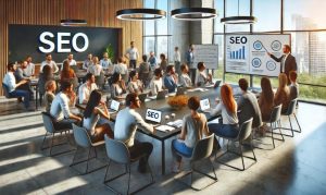 Imagen creada con IA en la que vemos a un grupo de personas reunidas en una sala y aprendiendo sobre SEO local.