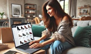 Imagen creada con IA que nos muestra a una chica comprando desde su laptop productos desde el eCommerce de Pretty Ballerinas en México.