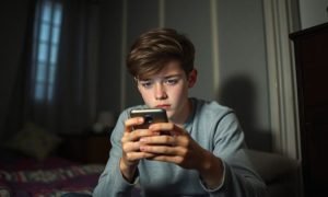 Un chico adolescente de unos 13 años está sentado en su habitación mirando su teléfono con cara de preocupación. El ambiente es apagado, solitario y triste