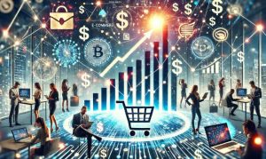 Imagen creada con IA que nos muestra gráficos e íconos digitales, con personas emprendedoras, para hacer alusión a la incursión de PyMEs mexicanas en Mercado Libre.