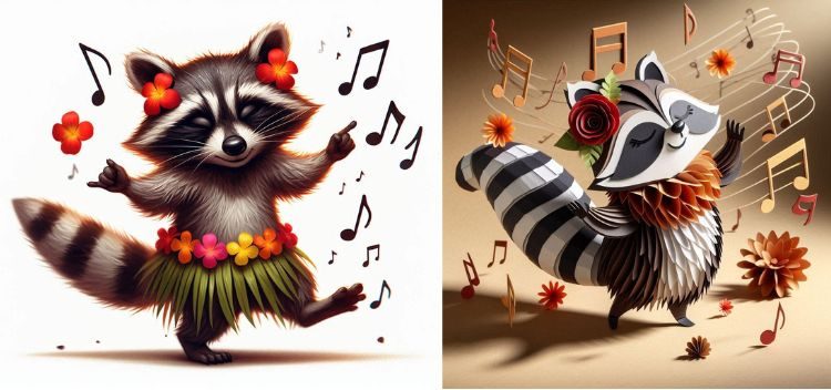 A la izquierda vemos el dibujo de un maàche bailando con una falda hawaiana y rodeado de notas musicales. Mientras que, a la derecha, vemos una nueva versión de esa imagen realizada con la herramienta Restyle Image, en la que se le ha dado el estilo de papercraft a la obra