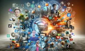 Imagen generada por ChatGPT-4 sobre las tendencias digitales en eCommerce y Marketing con imágenes añadidas como logos de redes sociales, Elon Musk, Mark Zuckerberg, Linda Yaccarino, Sam Altman, OpenAI, Bard, Barbie, Oppenheimer