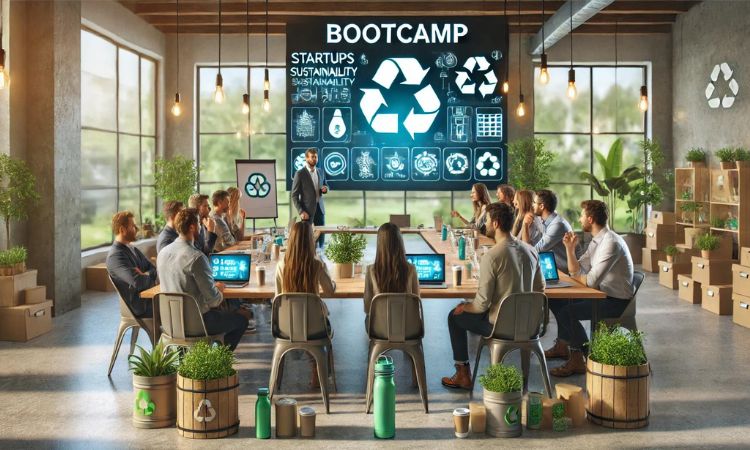Imagen creada con IA que nos muestra a varios emprendedores en Reto Santander Sositenible 2024.