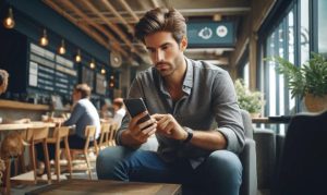Imagen creada con IA en la que vemos a un hombre sentado en medio de una cafetería en México, sosteniendo su celular para hacer una transferencia de dinero a a través de la app de Revolut.