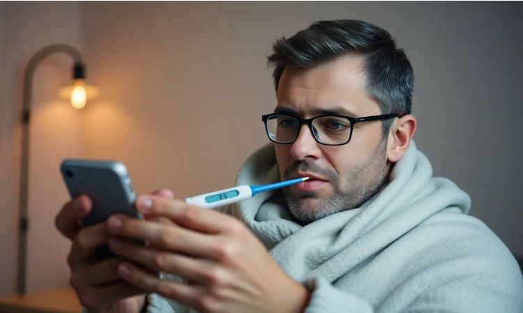 Imagen creada con IA que nos muestra a un hombre con fiebre tomando una consulta de salud digital a través de su smartphone.