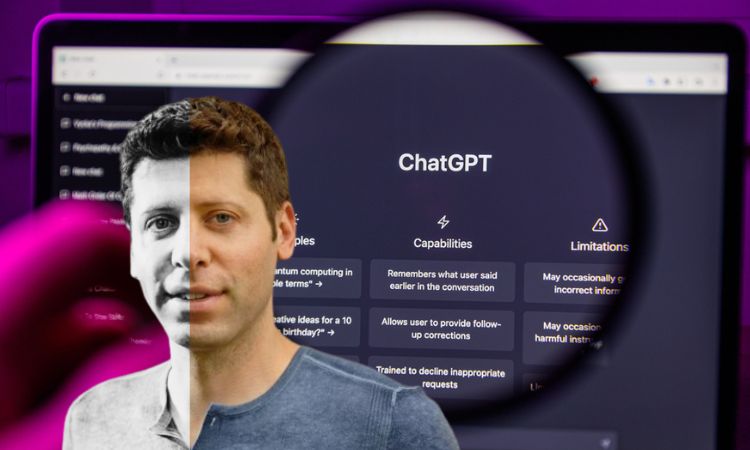 Imagen de sam altman, fundador de open ai sobre un fondo de chatgpt