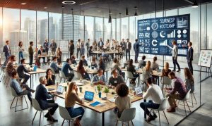 Imagen creada con IA en la que vemos una dramatización del Santander X GrowthZone, un bootcamp que reúne a líderes de startups para impulsar sus negocios.