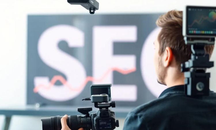 a youtuber in front of a video camera, speaking backwards. On the background there is a giant SEO sign with a graphic line that represents growth