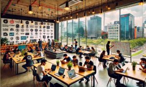 Imagen creada con IA en la que vemos un espacio de coworking en la CDMX; esto en referencia al crecimiento de las startups en México.
