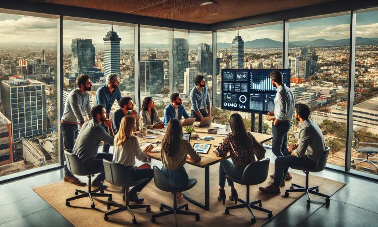 Imagen creada con IA que nos muestra al equipo de una empresa reunido en una sala de juntas con vista exterior a la CDMX; esto en referencia al crecimiento de startups en tecnología en México.