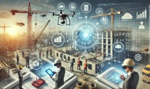 Imagen creada con IA que nos muestra la digitalización en la industria de construcción; en referencia a la alianza entre Cemex y Stripe.
