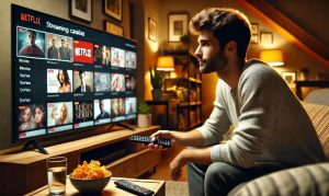 Imagen creada con IA que nos muestra a un chico navegando a través de un catálogo de streaming en la TV; esto en referencia al crecimiento de suscripciones de streaming en México.