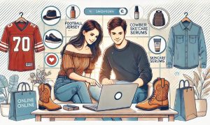Imagen creada con IA que nos muestra a una chica y un chico comprando productos en tendencia en eCommerce a través de su laptop. Vemos jerseys de fútbol, botas texanas y productos de skincare.