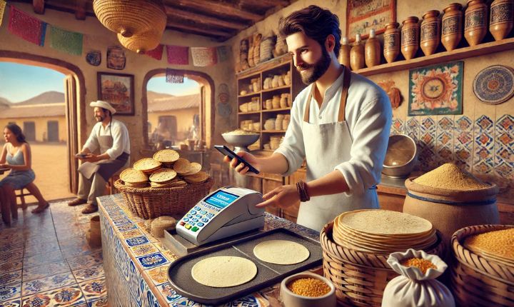 Imagen creada con IA que nos muestra a un comerciante tortillero aprovechando herramientas digitales para cobrar sus productos; esto en alusión a la fintech que ayudará a tortilleros mexicanos.